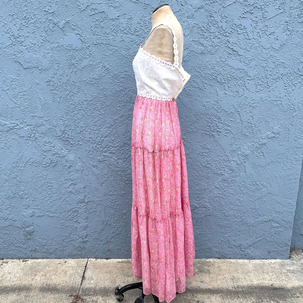 70s Floral Praire Dress in XS Pink Cottagecore Gown - Picture 6 of 10